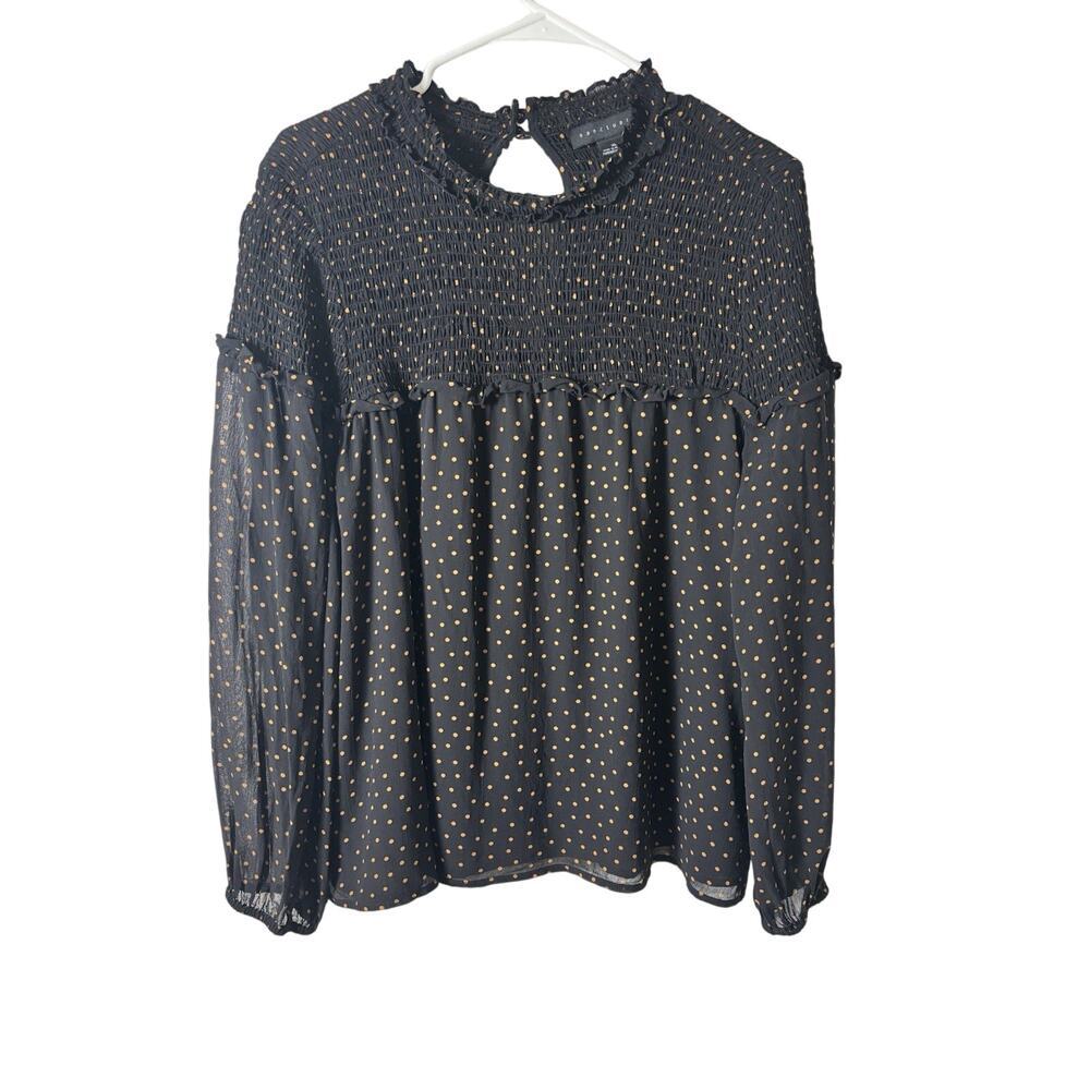 Sanctuary Black With Gold Polka Dots Swing Shirt With Smocking Detail XL